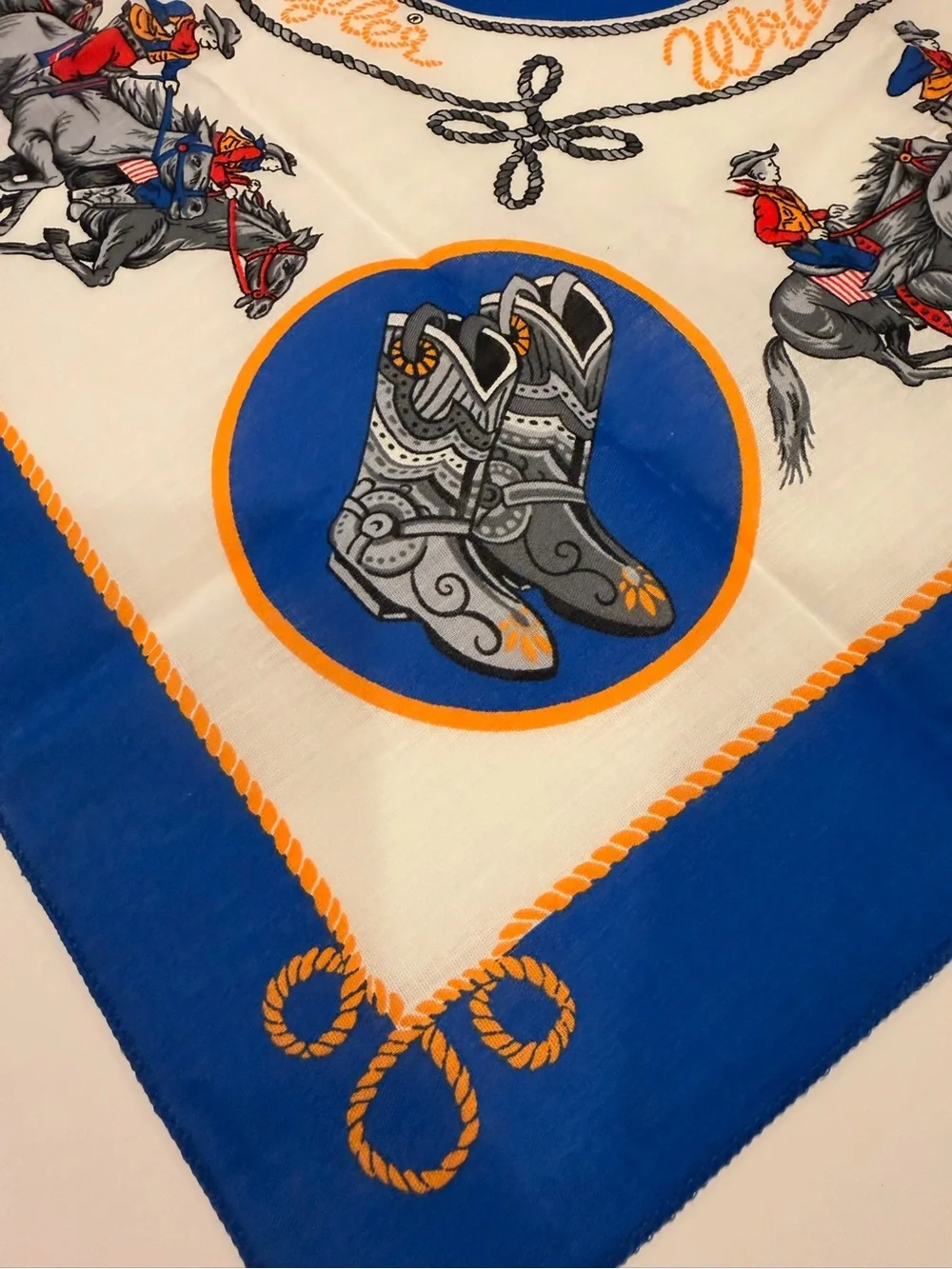 Vintage Wrangler Rodeo Western Bandana Scarf Cowboy Horse rope Blue White gold